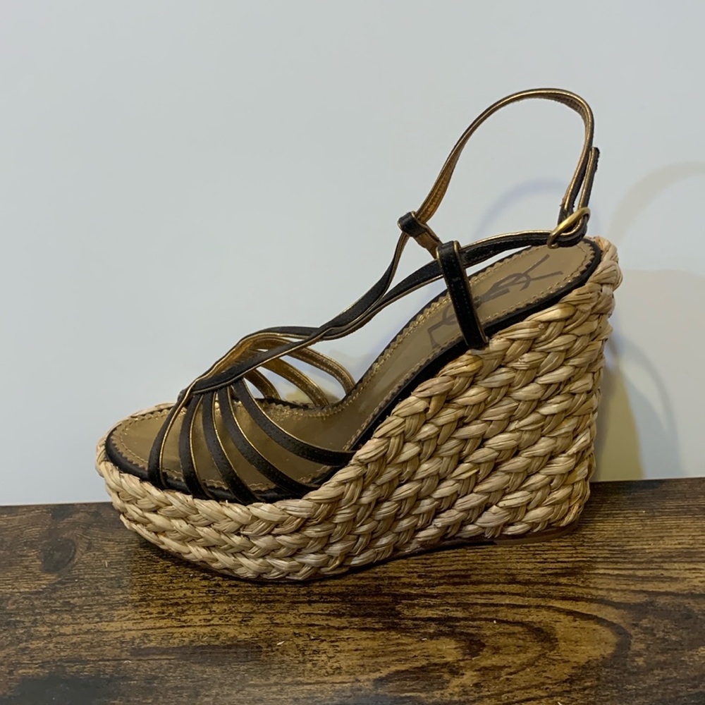 YSL platform wedge sandal black braided straw metallic gold